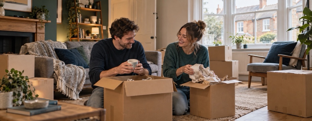 A young couple unpacking boxes in their first home
